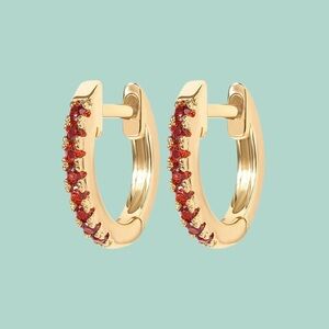 14K Gold Plated Huggie Hoop Earrings – Garnet Cubic Zirconia, 925 Silver Posts